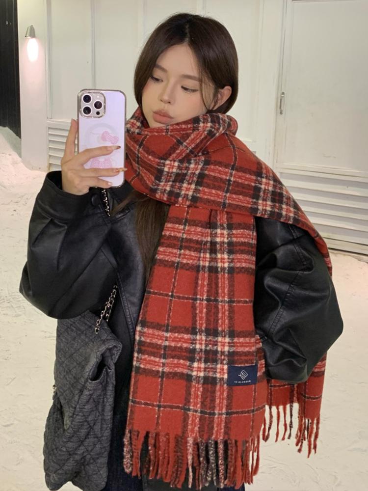 Retro Red Plaid Women Men Scarf Winter Preppy Style Warm Scarve Pashmina Tassel Mujer Female Foulard Bufanda Wrap Shawls Unisex