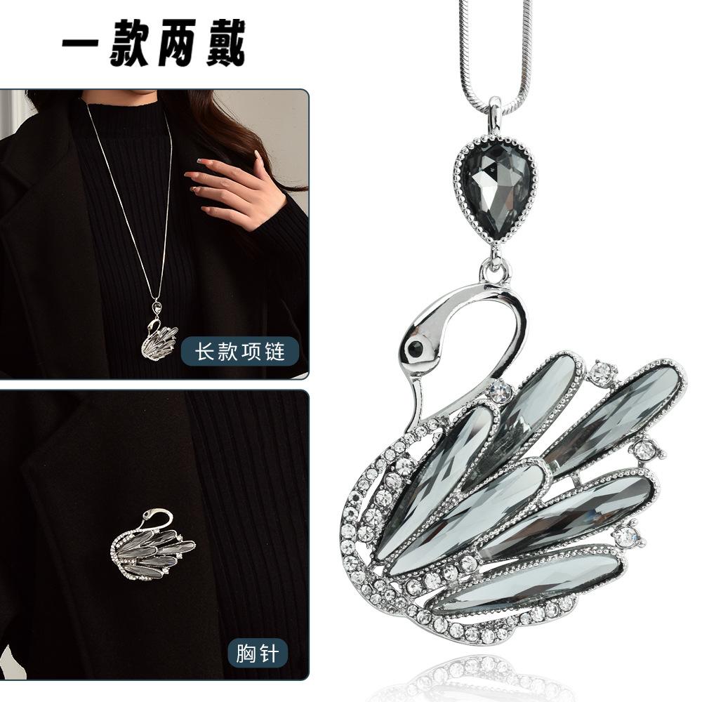 Suijue Pearl Sweater Chain Two Wear Crystal Flower Long Necklace Titanium Steel National Style Two Wear Function