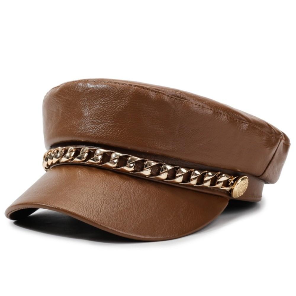 Metal Chain Decor Newsboy Cap PU Leather Flat Top Cap Stylish Baker Boy Cap For Women