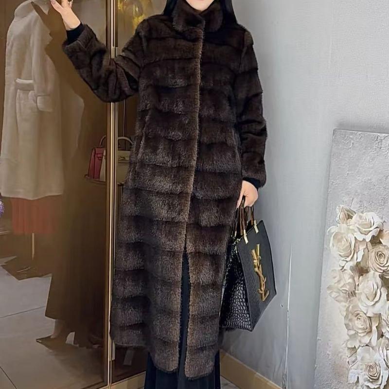 Elegant Winter Thick Faux Mink Fur Long Coat Stand Collar Warm Stylish Women Outerwear Jacket