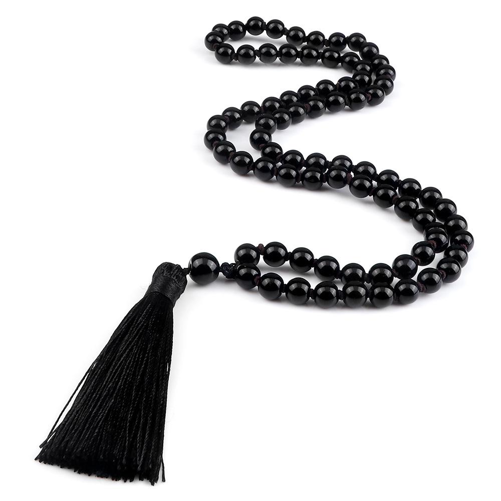European 8mm Stone Bead Tassel Necklace and Multi-Strand Buddhist Bead Bracelet