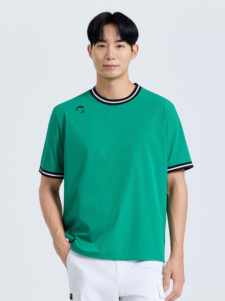 CHALLENGER Men'S Jacquard Logo Color Block Round Short Sleeve Woven Top Green