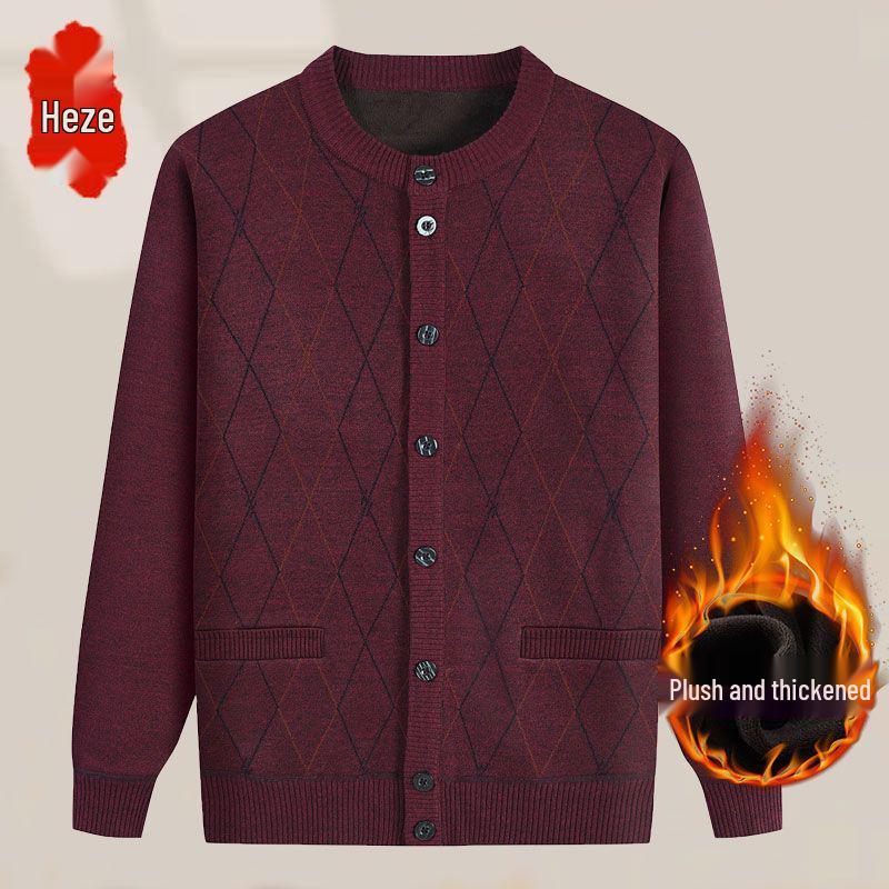 Men's Mid-Age & Elderly Knitted Cardigan: Warm, Thick Velvet Sweater Coat for Autumn/Winter