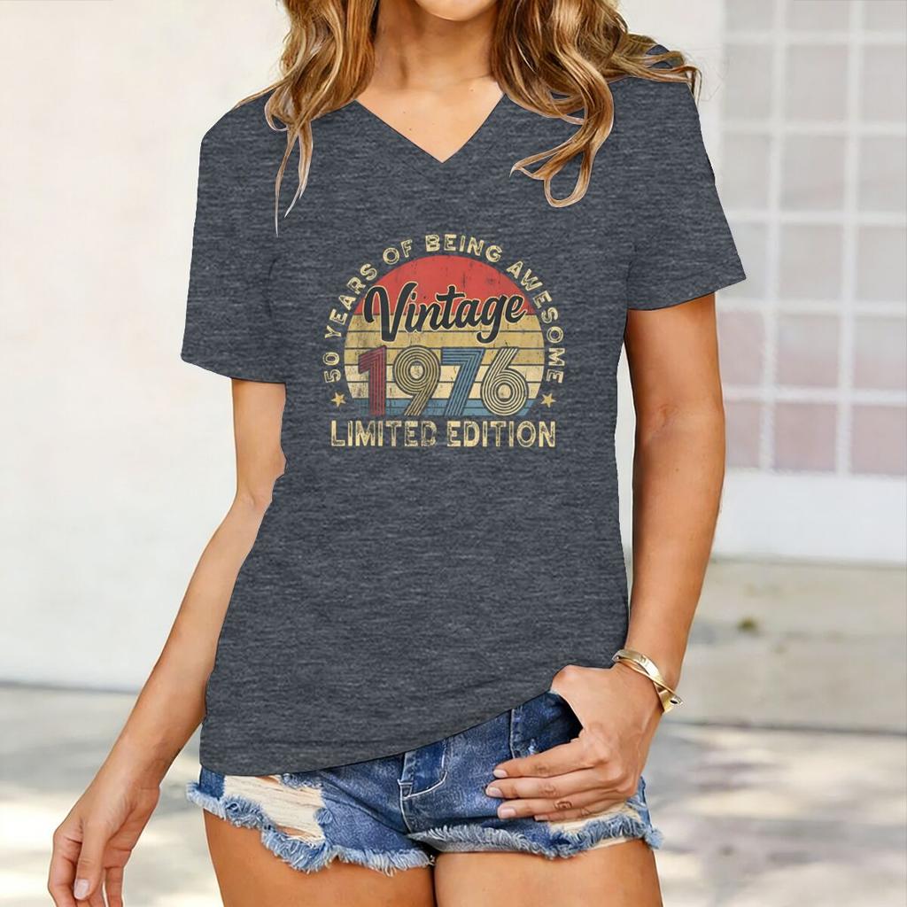 Vintage 1976 50. Geburtstag Print V-Ausschnitt T-Shirt Unisex Retro Lässiges Tee für Geburtstagsgeschenk Tägliche Kleidung 1976 Limitierte Edition Tees