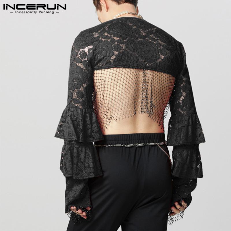 INCERUN Men Lace Up See Through Lace Crop Tops Club Party Mesh Short T-shirts