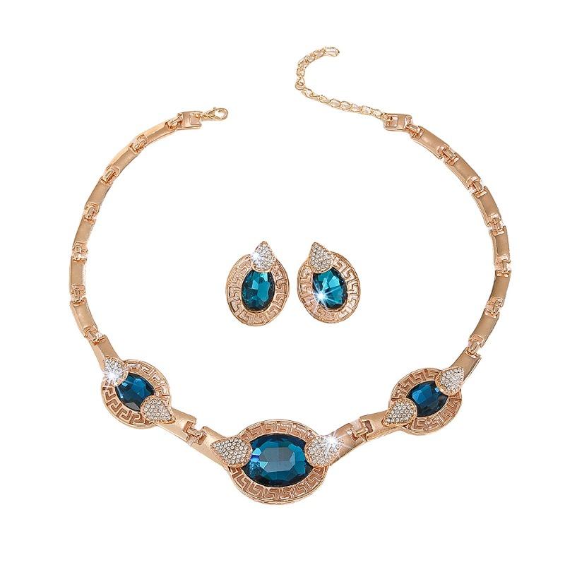 Gold Zinc Alloy with White Rhinestones Blue Crystal Necklace Earrings Set Women's Jewelry