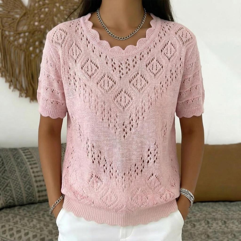 Maglia T-Shirt Corta da Donna all'Uncinetto Lavorazione ajour con Collo in Pizzo Primavera/Estate 2026