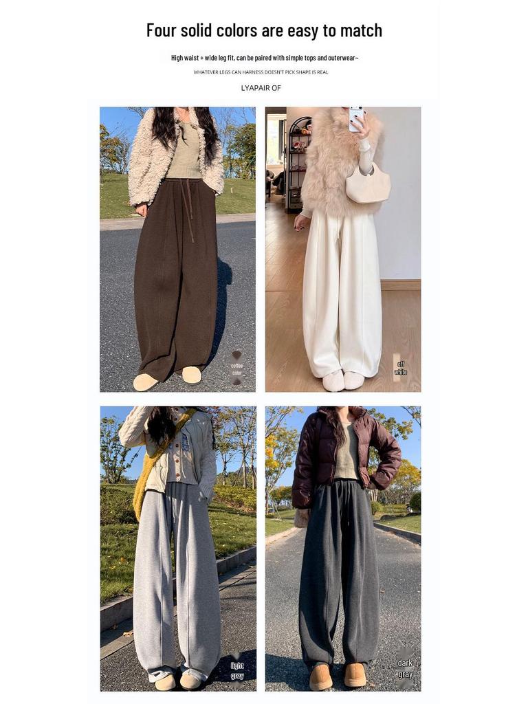 Women's Fleece-Lined Off-White Glutinous Rice Wide-Leg Pants, High-Waisted, Loose-Fit, Slimming, Petite, Autumn/Winter.