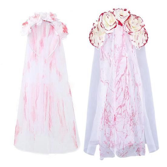 jijijing Rose Headband, Blood-Stained Veil Halloween Zombie Bride Headpiece, One-Piece Design Breathable Mesh Hair Hoop for Haunted House Cosplay