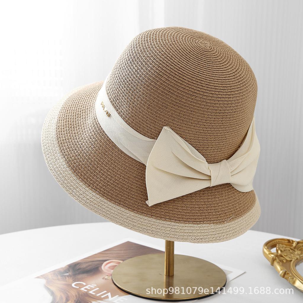 Elegant Bucket Hat Women's Straw Bow Beach Hat Crimped Temperament Straw Hat Summer Sun Hat Top Hat