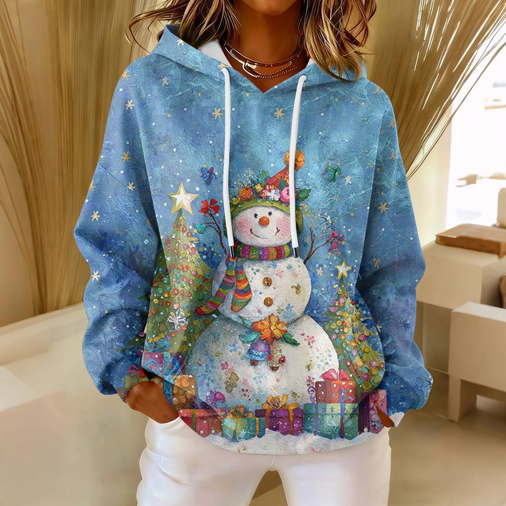 Dámská volná pohodlná ležérní módní mikina s dlouhým rukávem a vánočním potiskem ve výstřihu do V