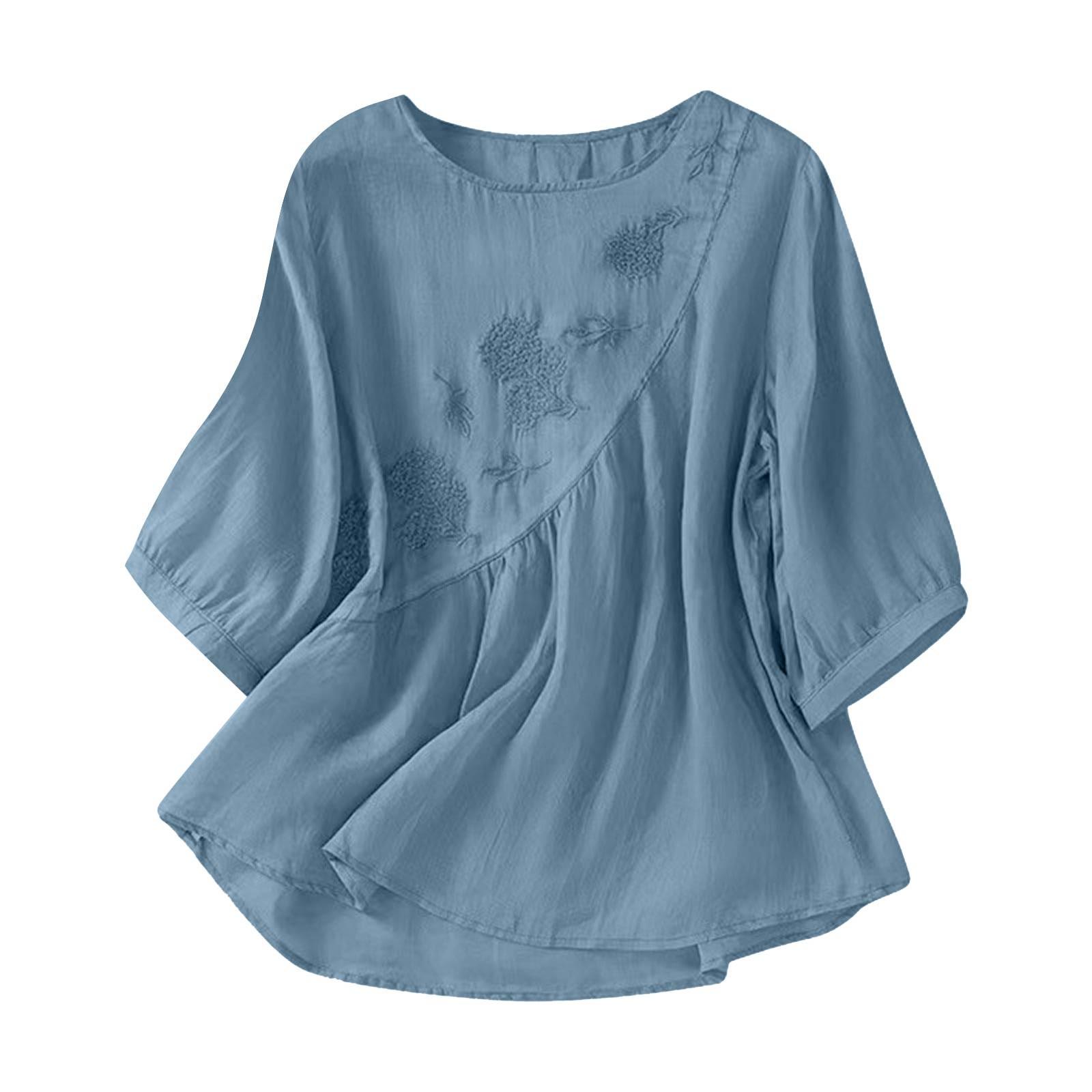 

Женская модная футболка однотонная вышитая из хлопка и льна, топ больших размеров L