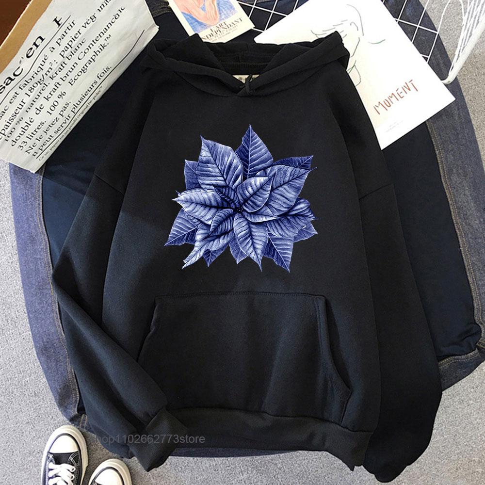 Blue and White Christmas Hoodie Chinoiserie Leaf Print Sweatshirt Aesthetic Men Clothes Kpop Streetwear Women Clothing