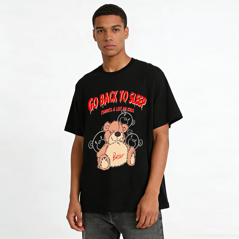 Go Back To Sleep Bear Print T-Shirt Funny Slogan Casual Top Relaxed Fit Daily Wear Pure cotton T-shirt