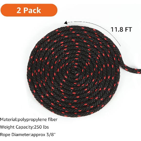 2 Pcs Kayak Rope Tie Downs, 3/8 Inch Canoe Bow and Stern Tie Downs Straps, Heavy Duty Adjustable Rope Clip Tie Down