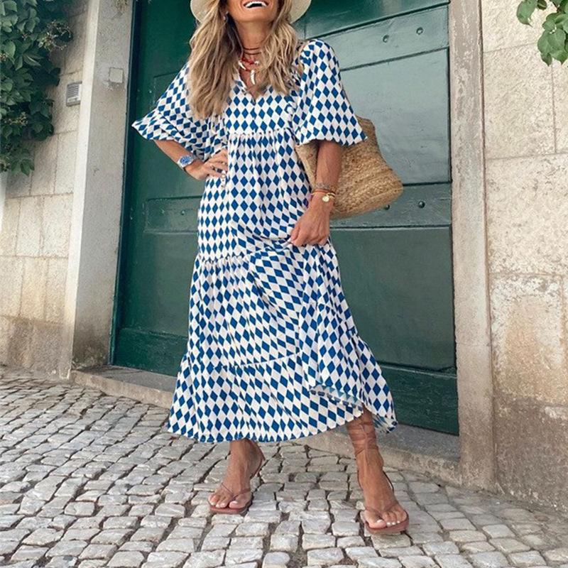 Women Bohemian Geometric Print Long Maxi Dress Lantern Sleeve V Neck Loose Casual Spring 2026 Travel Party Outfit