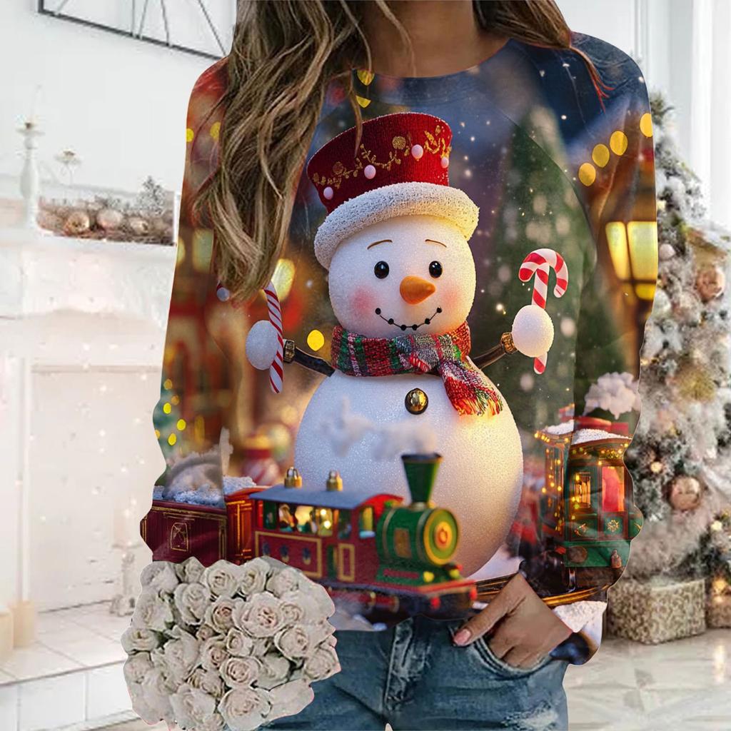 Womens Christmas Sweatshirt Cute Holiday Print Long Sleeve Round Neck Pockets Oversize Top Loose Sweatshirts Outerwear