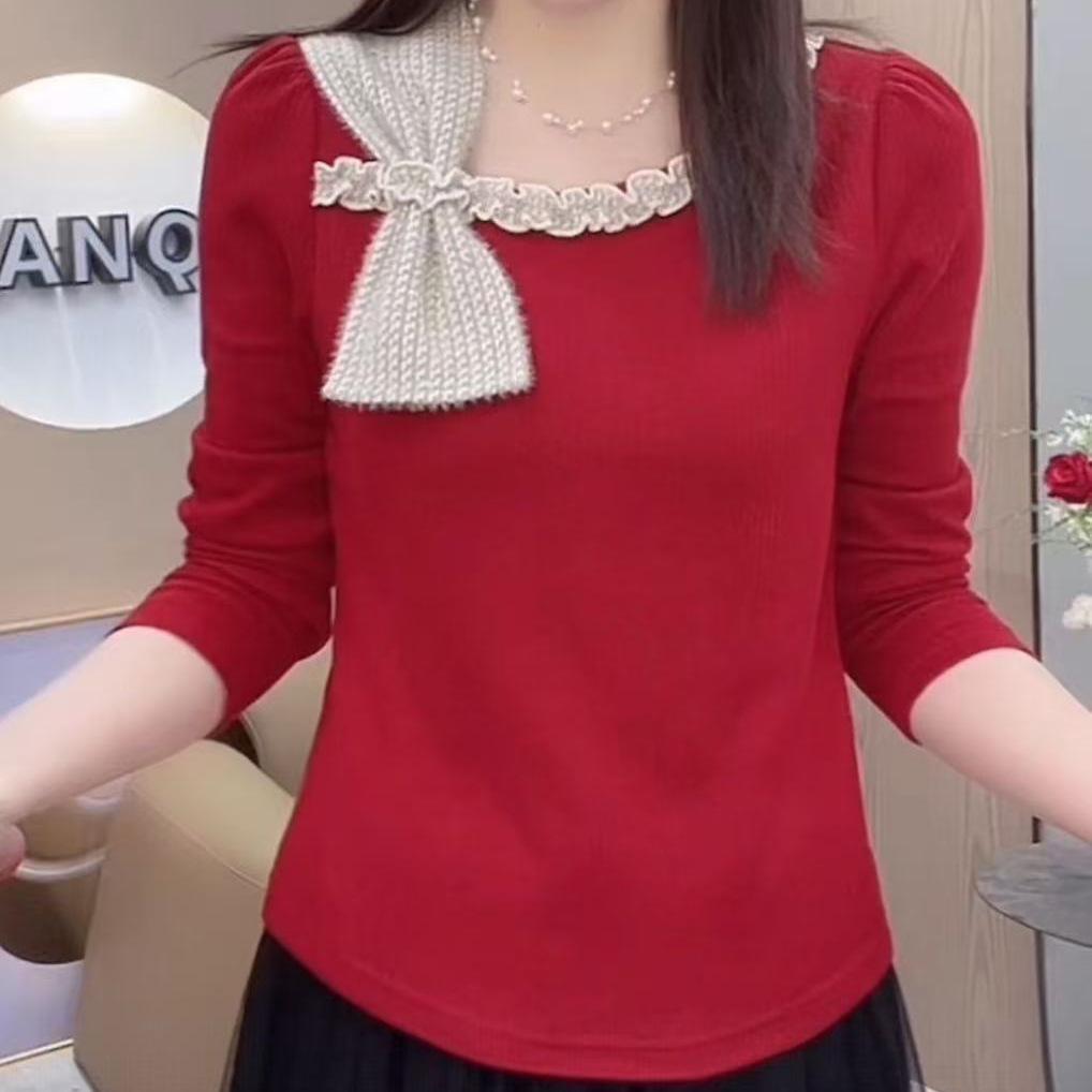 

2026 Spring Korean Color Block Bow Top - Versatile & Elegant XL (recommended for 120-130 jin) червоний