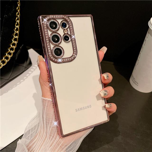 For Samsung Galaxy S25 Ultra Luxury Plating Flash Diamond Frame Transparent Phone Case For Samsung S22 S23 S24 S25 Plus Cover