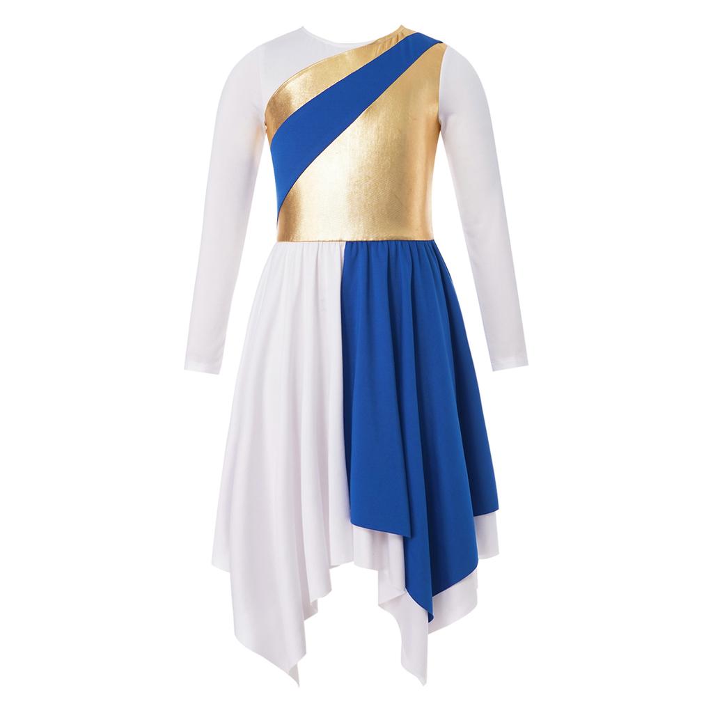 Crianças meninas manga longa brilhante metálico louvor túnica assimétrica vestido lírico traje de dança contemporânea