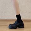 Soft Leather Version~ British Thick-soled Heightening Casual Round Head Velcro Loafers Women's Retro Black Small Leather Shoes Single Shoes