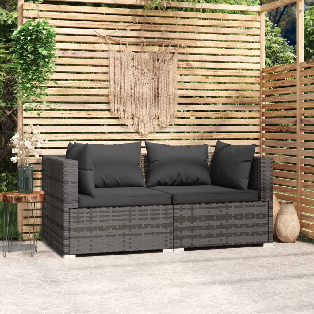 2 Seater Sofa with Cushions Grey PE Rattan