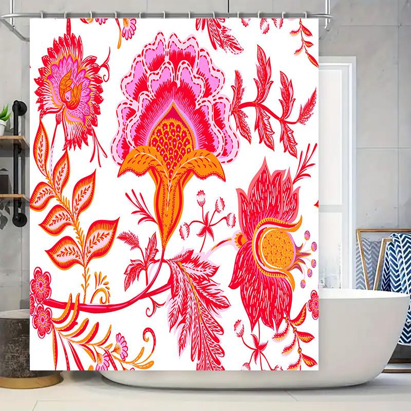 

Bright Red Floral Shower Curtain With Bohemian Style Decorate Your Bathroom In Style W60H190(CM)-1 Pcs
