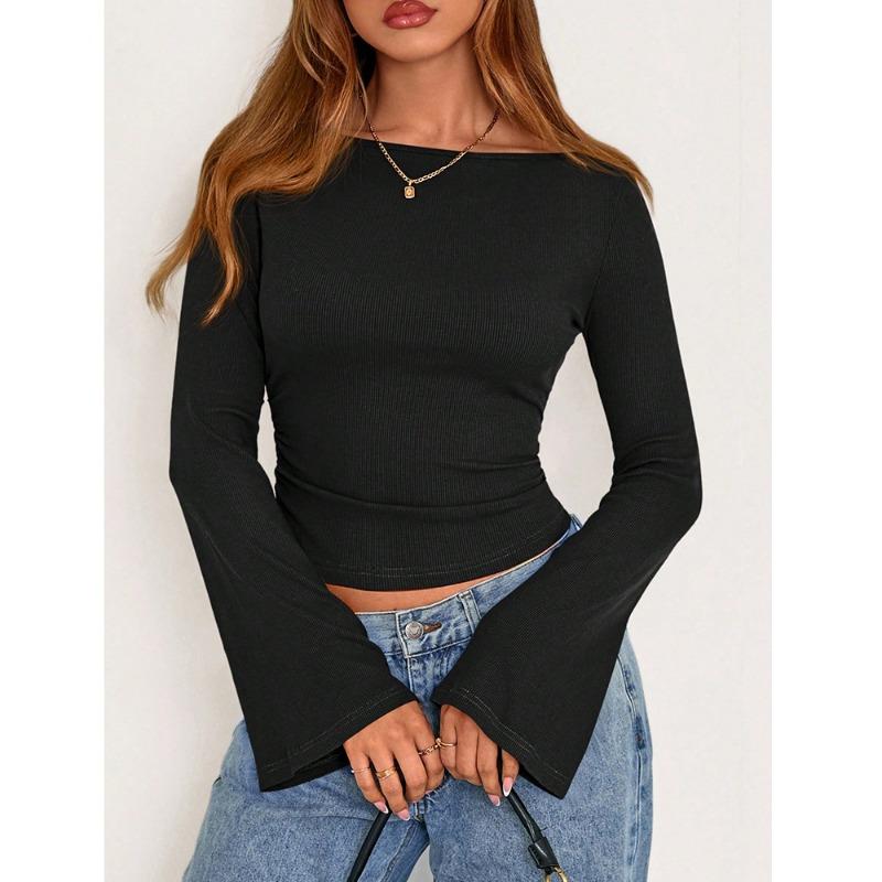 Women Round Neck Cropped Flared Sleeve Y2k Fitted Versatile Casual Long Sleeve Top S
