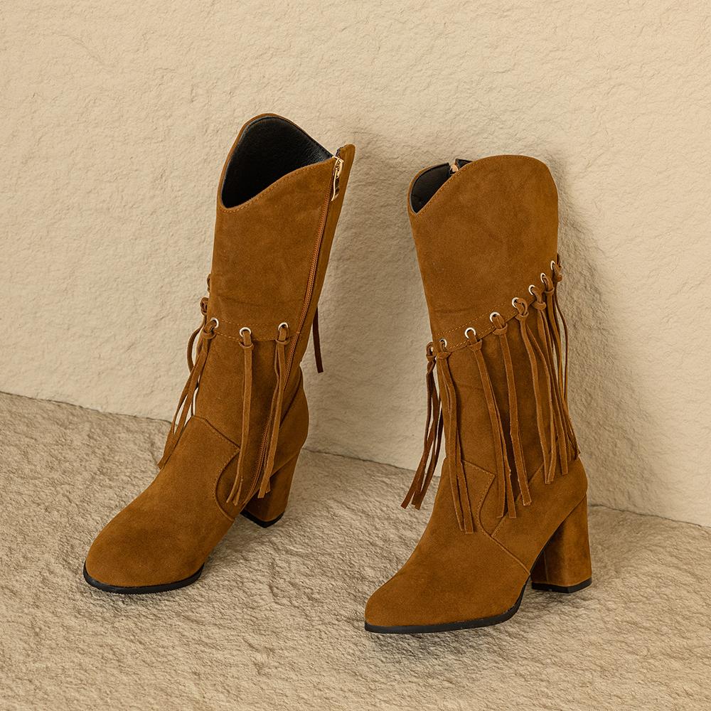 Winter Black Yellow Women Mid Calf Boots Round Toe High Heel Small Big Size 33 52