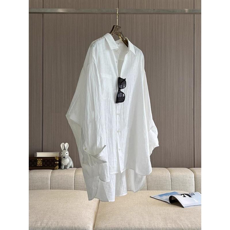 White cotton and linen sunscreen shirt women's summer loose casual top lazy style thin jacket linen slightly transparent shirt