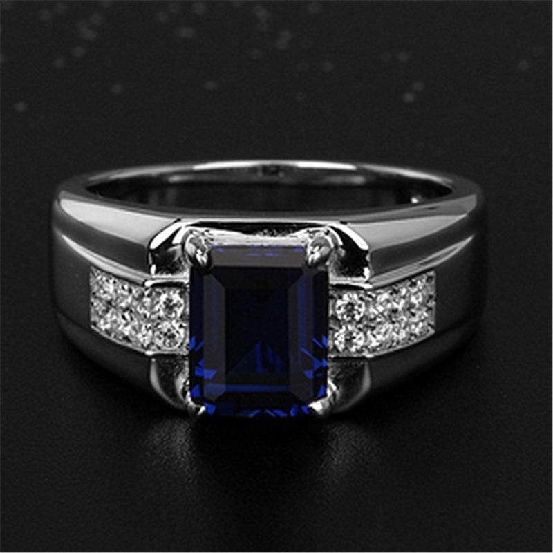 Sapphire Blue Zircon Men's Rectangular Diamond Ring: Stylish Business Trend