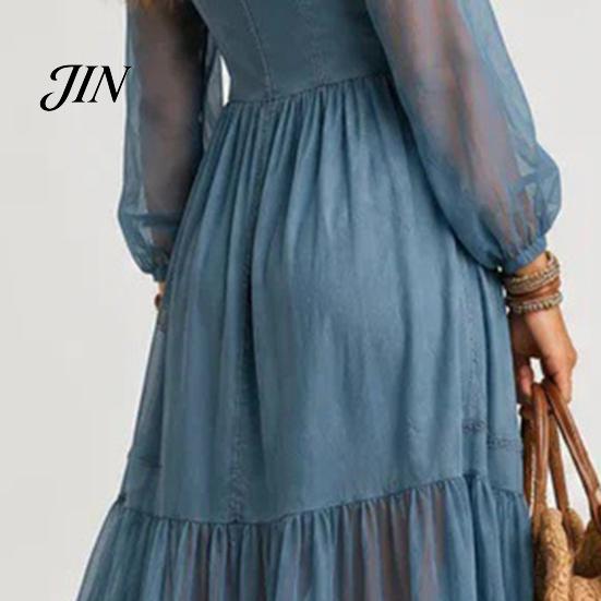 Comfortable Women Dress Faux Denim Maxi Dress, Mesh Patchwork Long Sleeve Button Down Shirt Casual Loose Vintage Summer Versatile