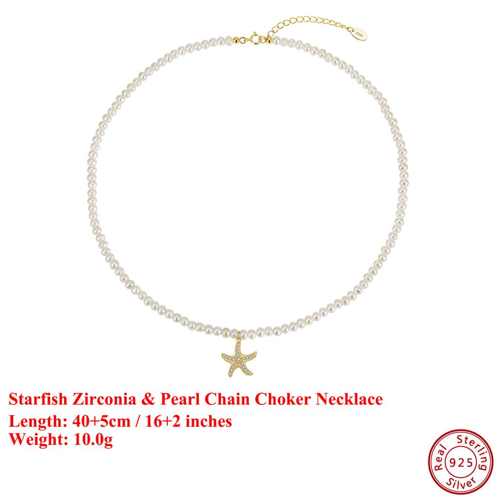 EFFIE QUEEN 100% S925 Silver 14k Gold Starflsh Style Pearl Chain Choker Necklace Natural Jewelry for Women Summer Beach GPN96
