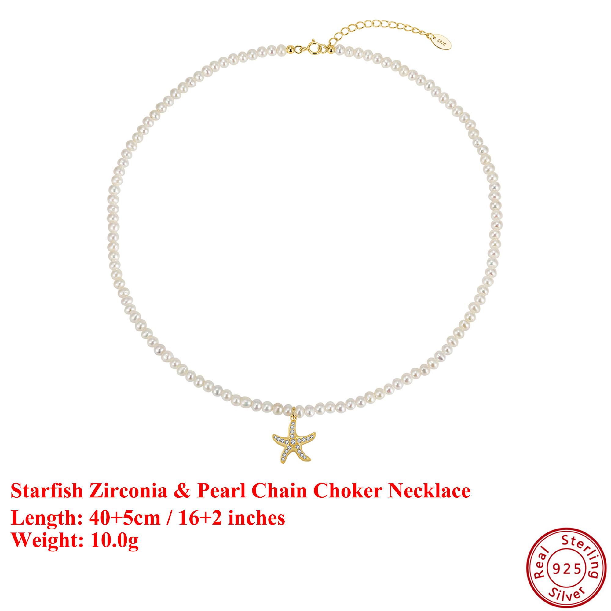 

EFFIE QUEEN 100% S925 Silver 14k Gold Starflsh Style Pearl Chain Choker Necklace Natural Jewelry for Women Summer Beach GPN96