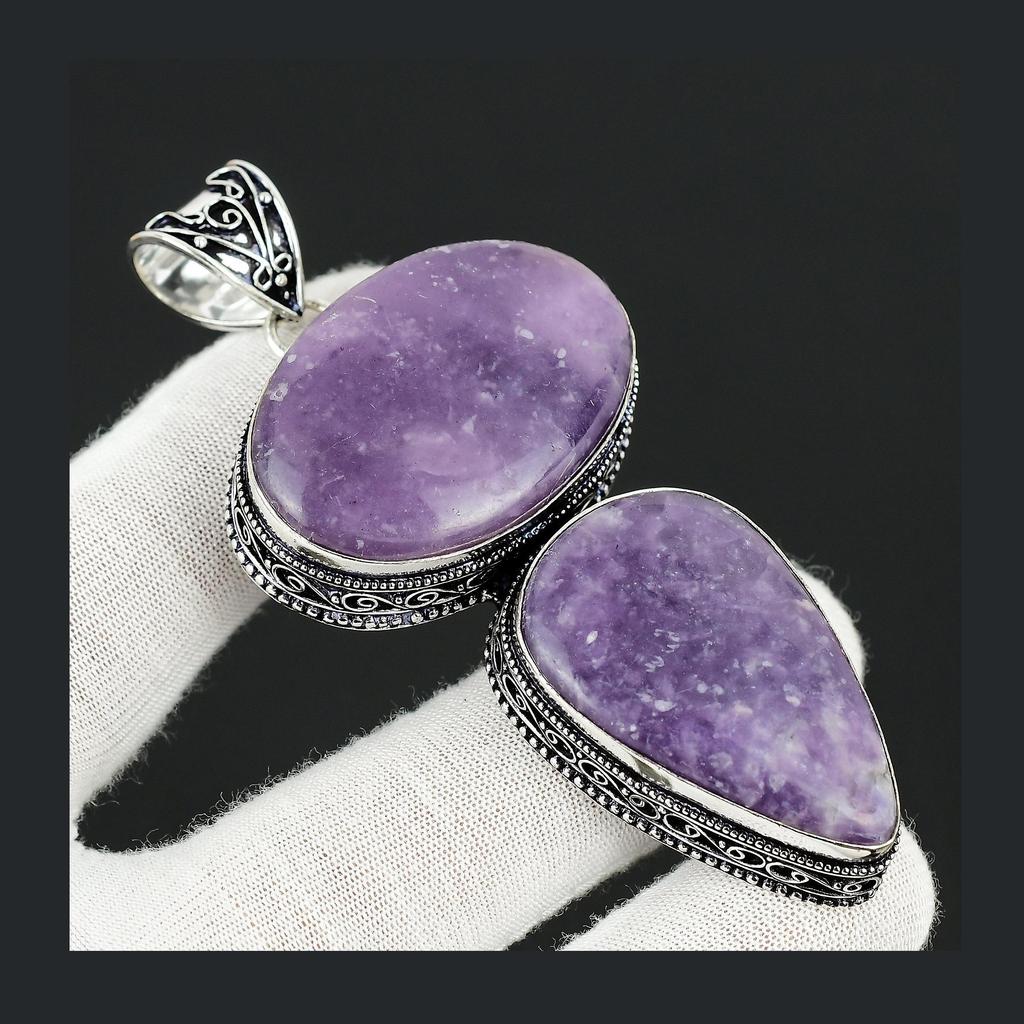 Lepidolite Gemstone Handmade 925 Sterling Silver Jewelry Pendant Double Stone Antique Pendant Natural Lepidolite Gemstone Pendant For Gifts