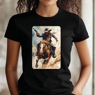 T-Shirt Women Cowboy Fight Motif Cotton Size XS To 3XLWill Open In New Window or Tab
