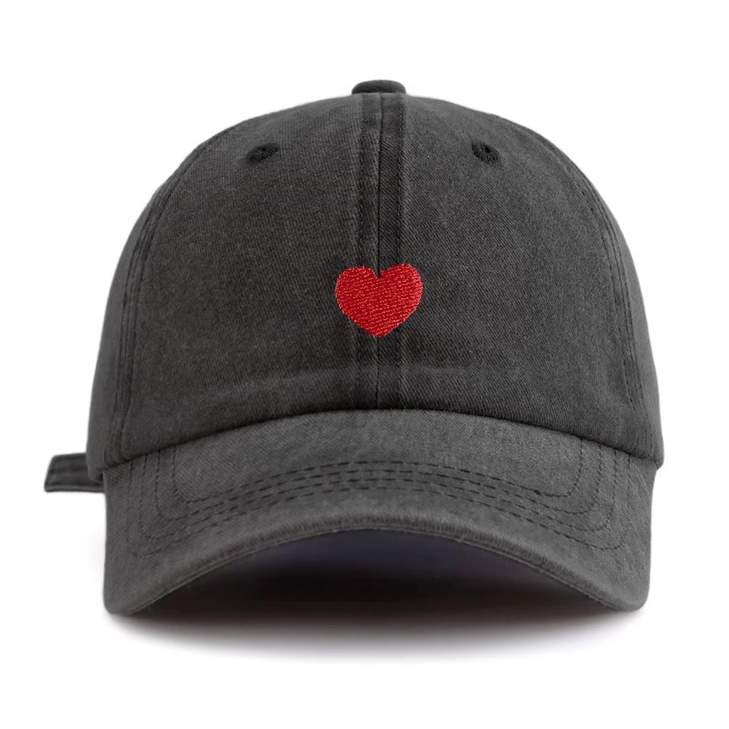 This Black Baseball Cap Features A Red Heart Pattern, Adding A Sweet And Romantic Touch To Valentine'S Day Outfits.