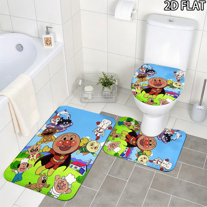 3pcs Anpanman Pattern Flannel Nonslip Absorbent Washable Decorative Bathroom Home Toilet Seat Cover Mat