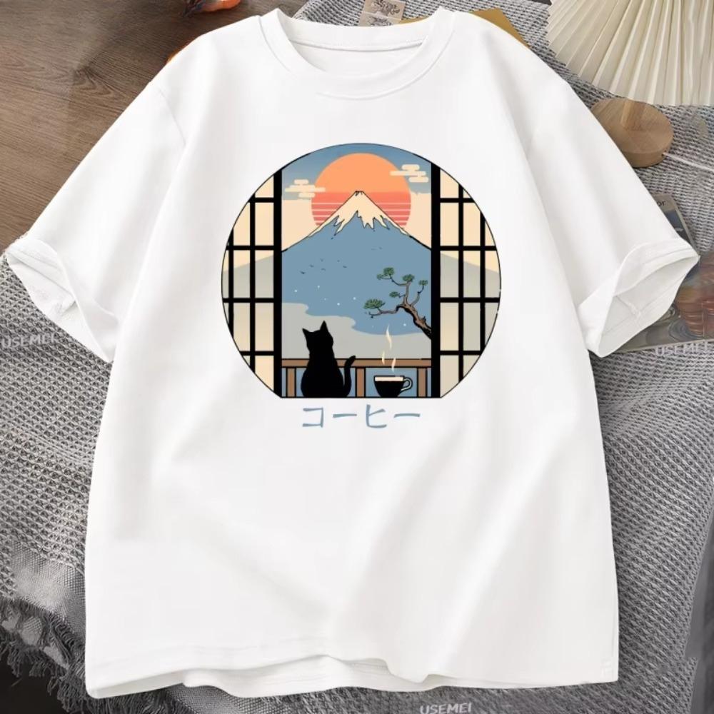 Coffee Cat Mount Fuji print TShirt men and Womens Crew Neck Short Sleeve JapaneseStyle Printed Loose Top