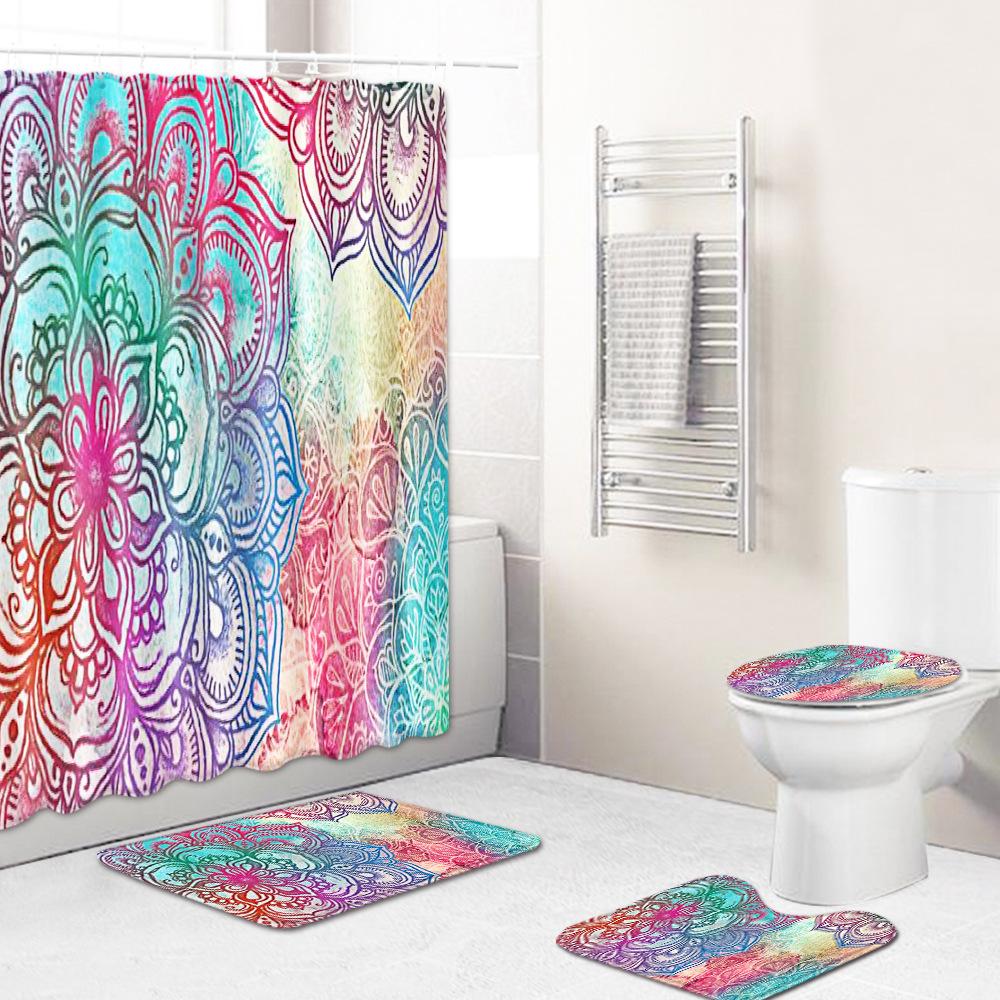Retro Geometric Bathroom Four-Piece Waterproof Shower Curtain Bedroom Non-Slip Carpet Floor Mat Door Mat
