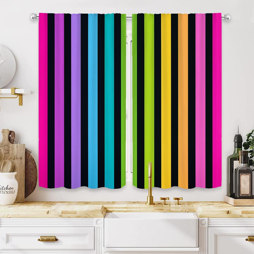 Set Of 2 Rainbow Striped Curtains Pink Black Purple Blue Green Yellow Gold Semi Transparent Living Room Bedroom Decor Made Polyester Sitting Window