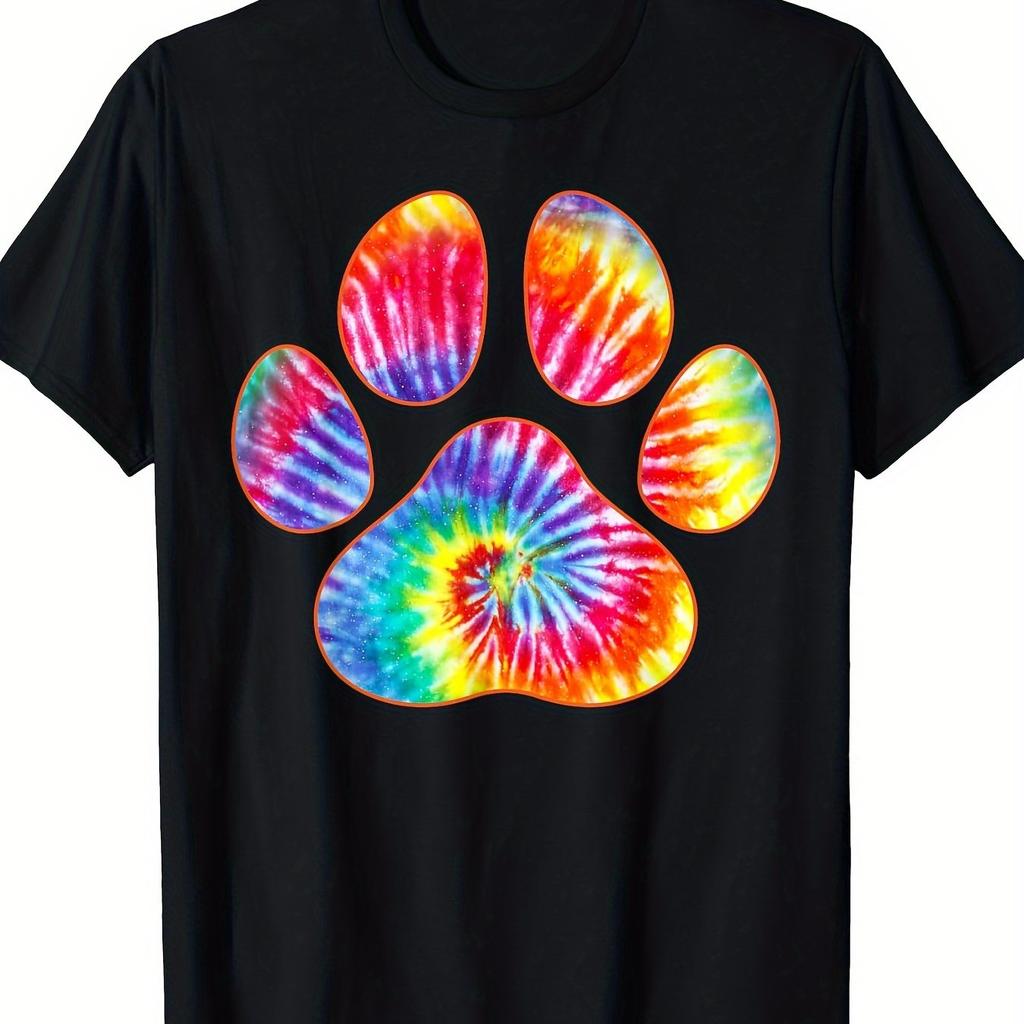 Tie Dye Paw Print Graphic Tee Breathable Cotton Casual Short Sleeve TShirt for Dog Lovers