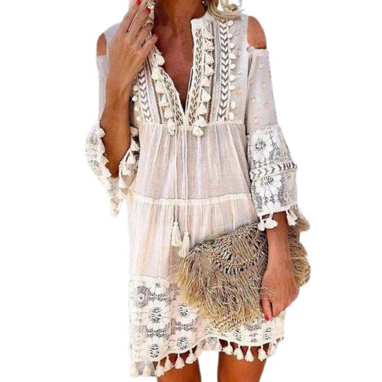 Deep V Neck Mini Dress Solid Color Women Tassel 45720 Sleeve Shift