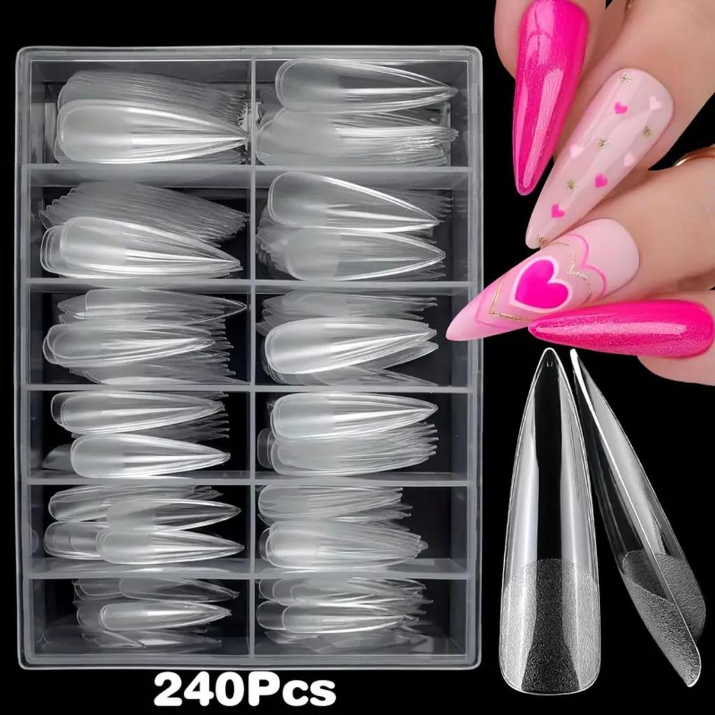 240Pcs XL Stiletto Nail Tips Clear Fake Nails Extra Long Stiletto Nail Full Cover Artificial Fingernail Extension Tool