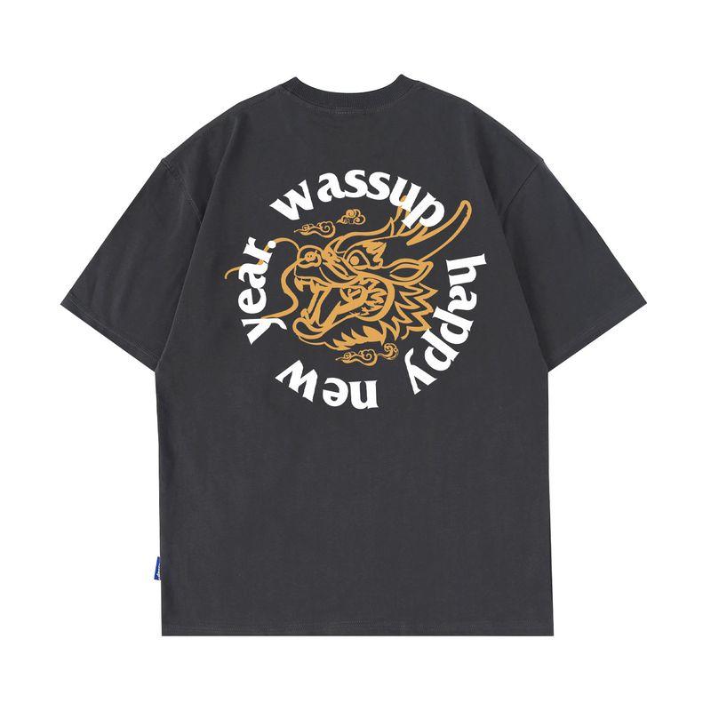 Wassup Heods Year of the Dragon Trendy Short-Sleeved T-Shirt for Men, Summer Loose Oversize Pure Cotton Couple Tops