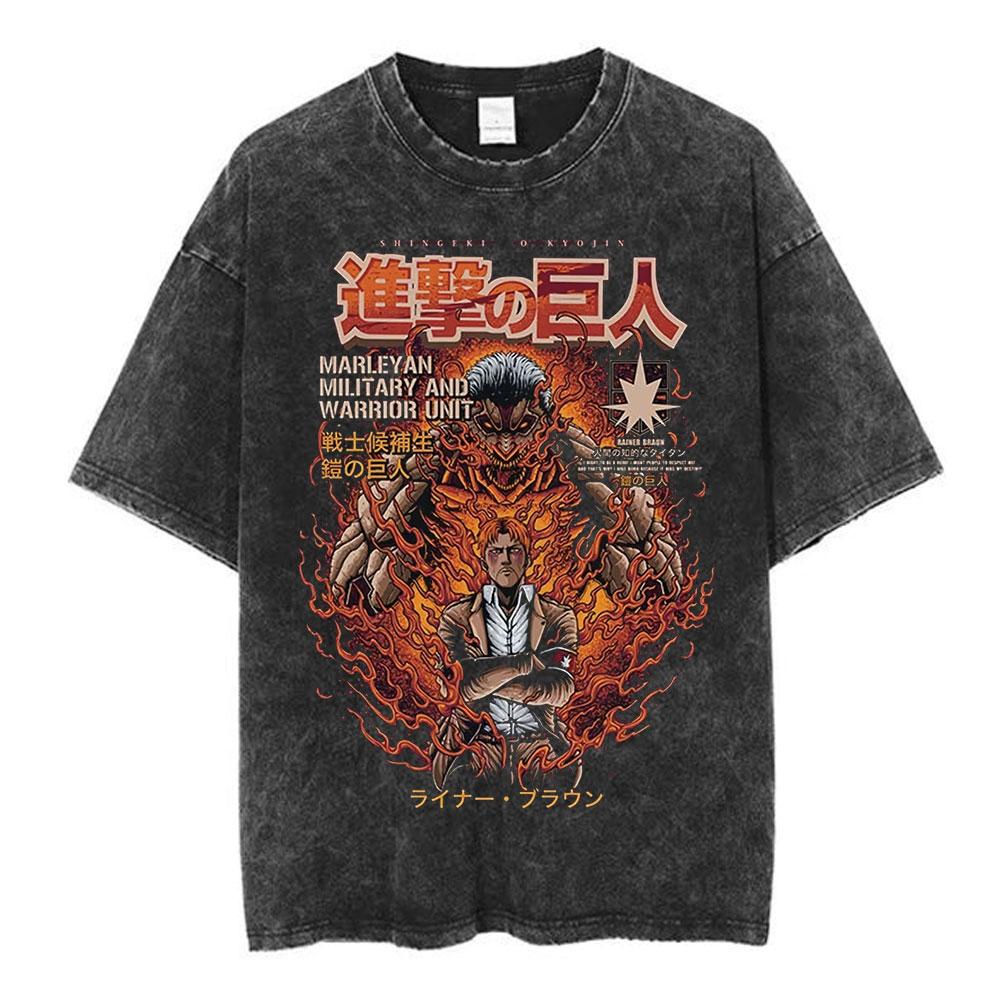 Anime Attack on Titan Washed T Shirt Men Cotton Casual Short Sleeve T-shirt Manga Levi Ackerman Oversized T-shirts Streetwear