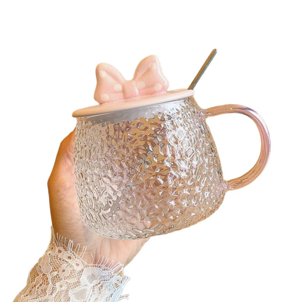 Bow Summer Glass Cup with Lid Spoon Cute Creative Mug Girl with High Appearance Drinking Water Cup Flower Tea Cup