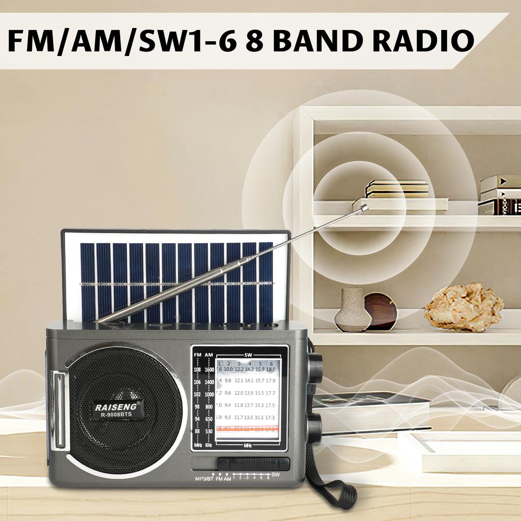 9008BTS Klasyczne radio solarne, głośnik AM/FM, interfejs karty USB/TF, 3 metody ładowania, odpowiednie do aktywności na świeżym powietrzu