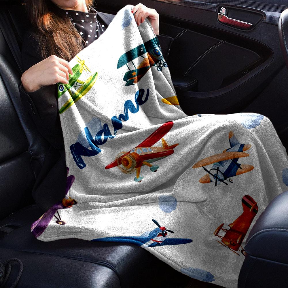 Custom Name Cute airplane Theme Printed Blanket - Perfect for Couch, Bed, Travel & Outdoor Use | Machine Washable, Cozy & Durable.