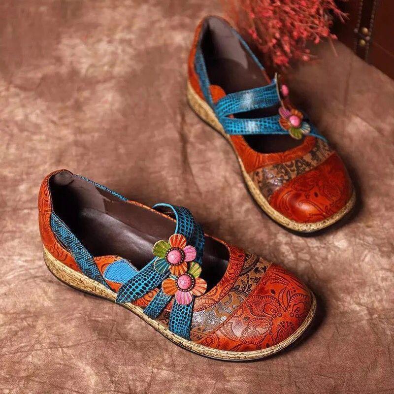 2025 Spring and Autumn Ethnic Style Flower Women's Shoes Color Matching Hollow Flat Bottom Single Shoes Size Size 31-44